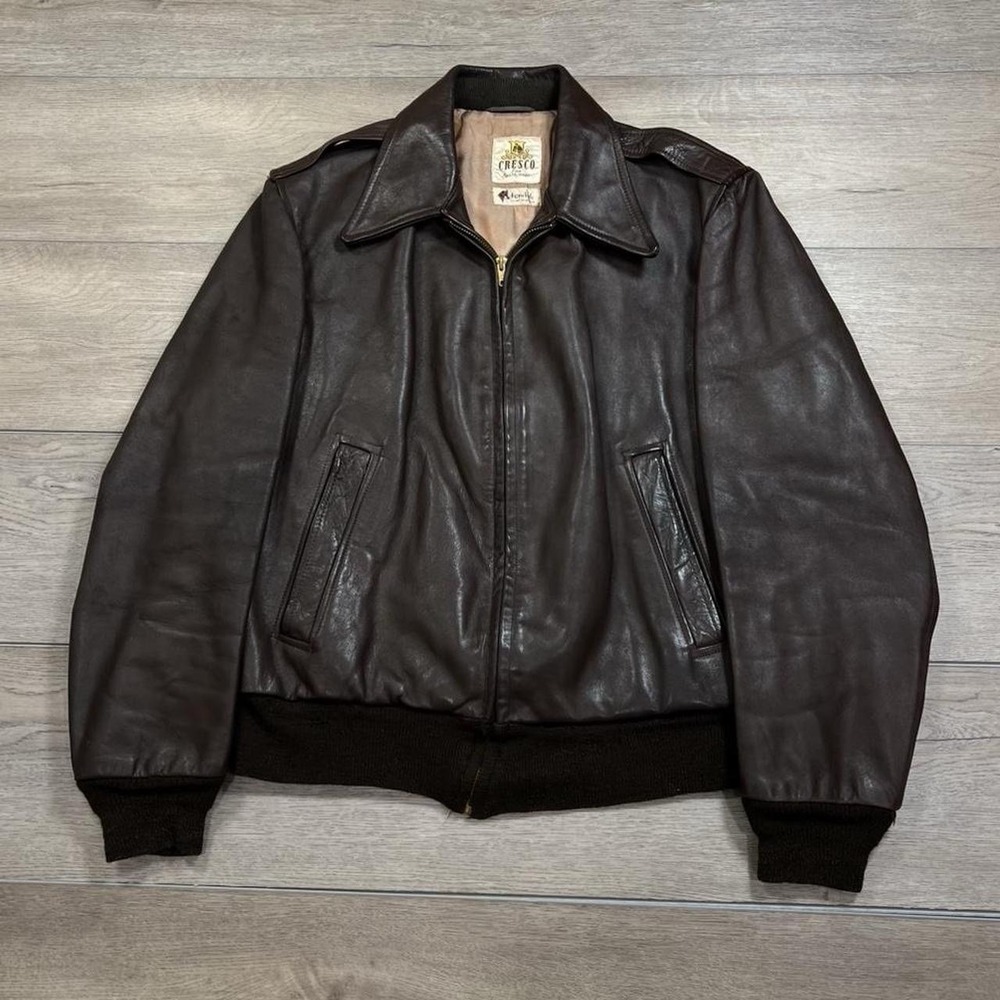 Cresco Leather Bomber Jacket Mens Brown Horsehide Vintage Talon Zip Epaulets